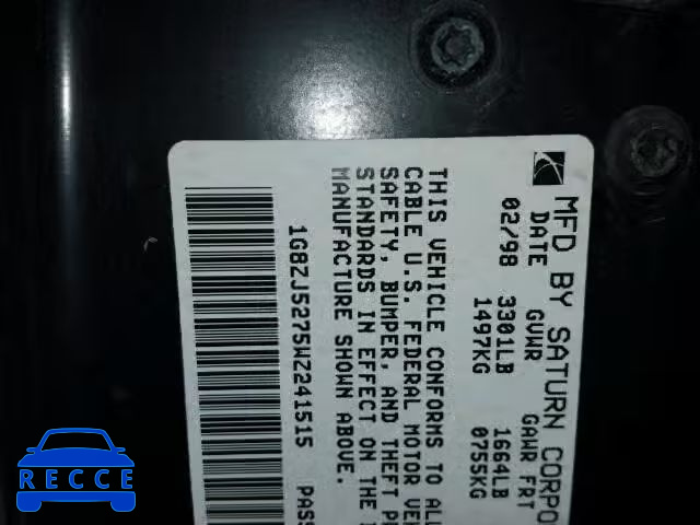 1998 SATURN SL2 1G8ZJ5275WZ241515 image 9