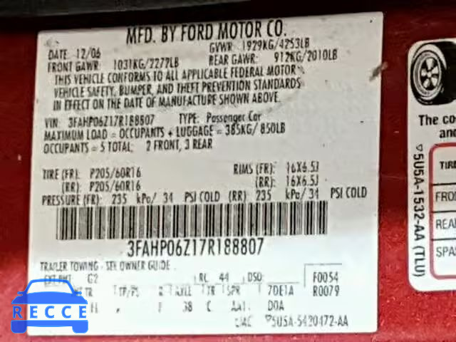 2007 FORD FUSION S 3FAHP06Z17R188807 image 9