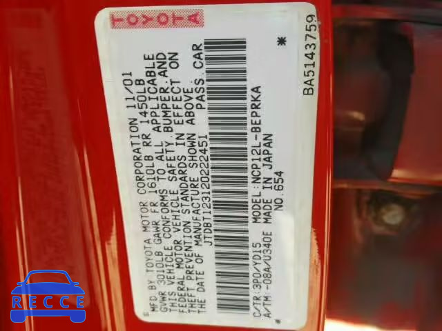 2002 TOYOTA ECHO JTDBT123120222451 image 9
