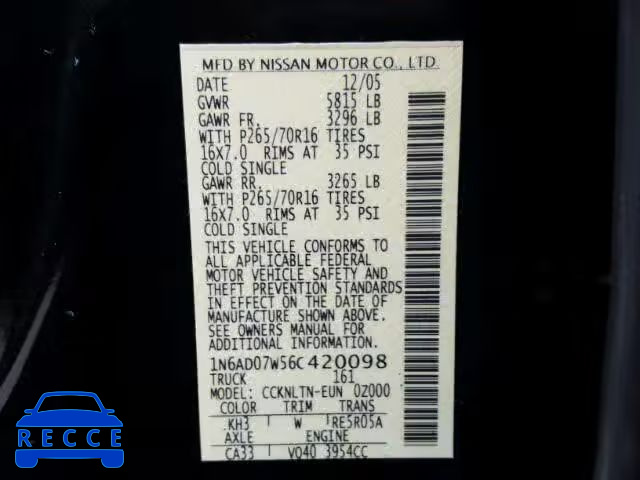 2006 NISSAN FRONTIER S 1N6AD07W56C420098 image 9