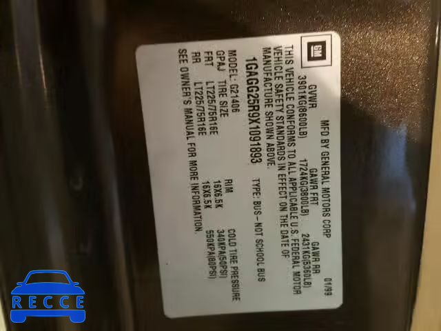 1999 CHEVROLET EXPRESS G2 1GAGG25R9X1091893 image 9
