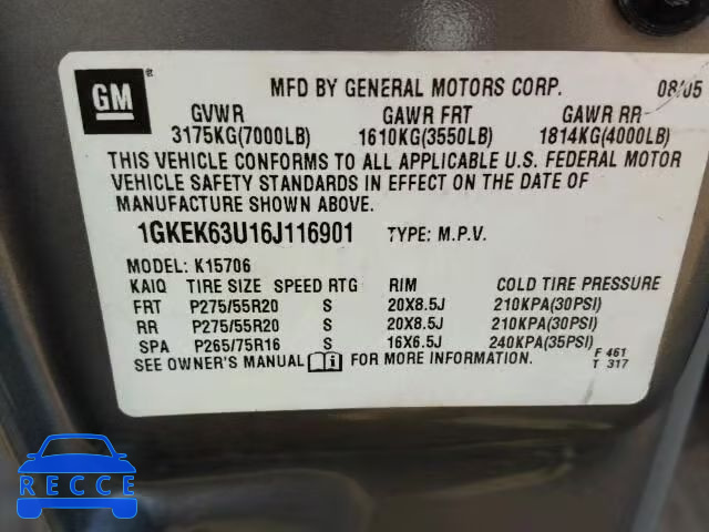 2006 GMC YUKON DENA 1GKEK63U16J116901 image 9