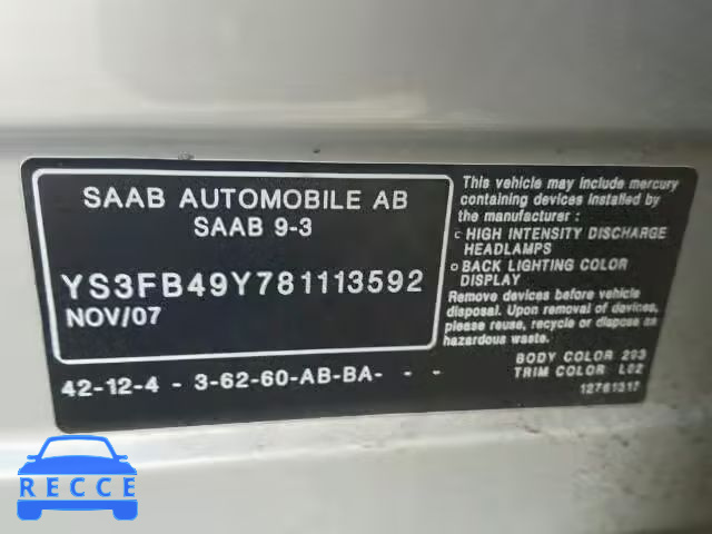 2008 SAAB 9-3 2.0T YS3FB49Y781113592 зображення 9