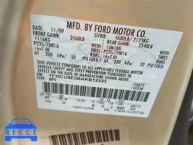 2010 FORD ESCAPE LIM 1FMCU9EG8AKB12333 зображення 9