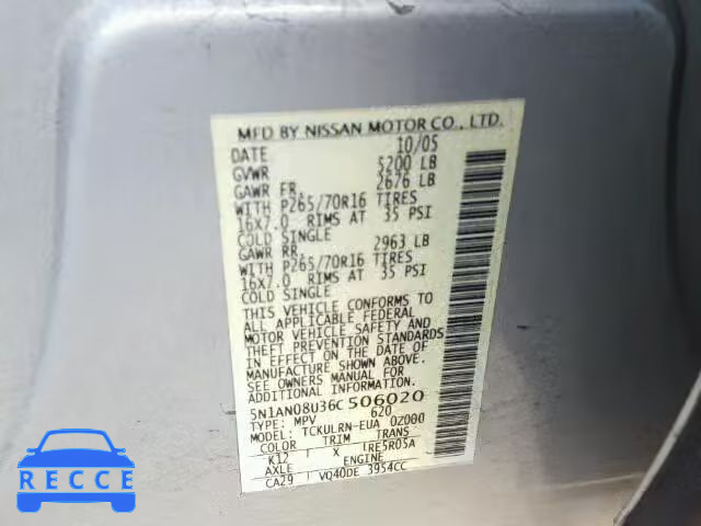 2006 NISSAN XTERRA 4.0 5N1AN08U36C506020 image 9