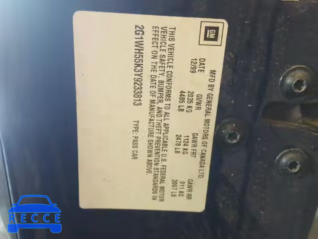 2000 CHEVROLET IMPALA LS 2G1WH55K3Y9233813 image 9