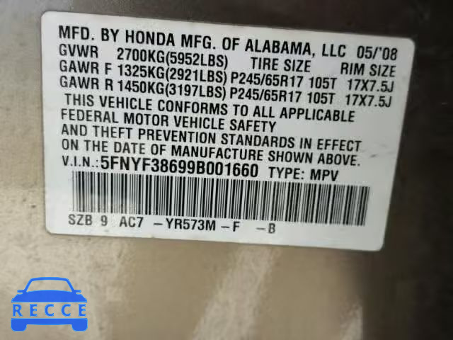 2009 HONDA PILOT EXL 5FNYF38699B001660 image 9