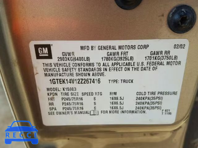 2002 GMC SIERRA K15 1GTEK14V12Z267416 image 9
