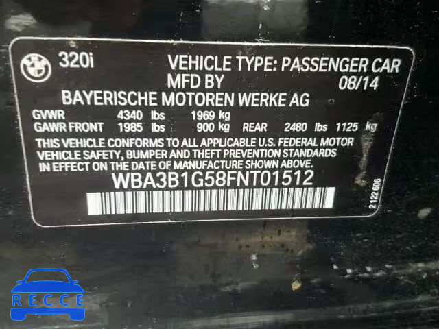 2015 BMW 320I WBA3B1G58FNT01512 зображення 9