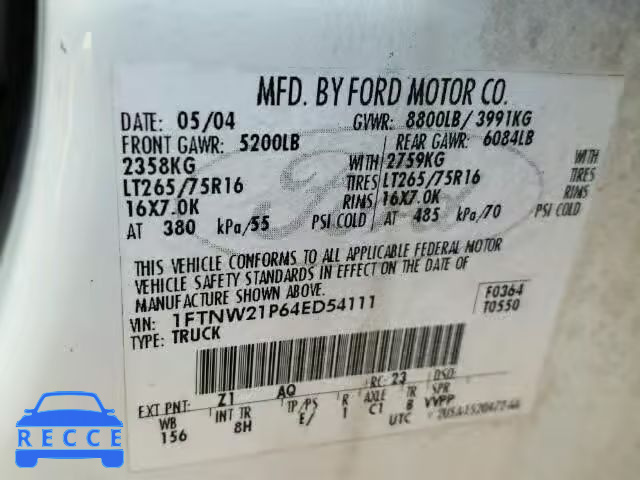 2004 FORD F250 SUPER 1FTNW21P64ED54111 image 9