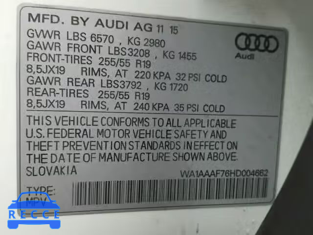 2017 AUDI Q7 PREMIUM WA1AAAF76HD004662 зображення 9