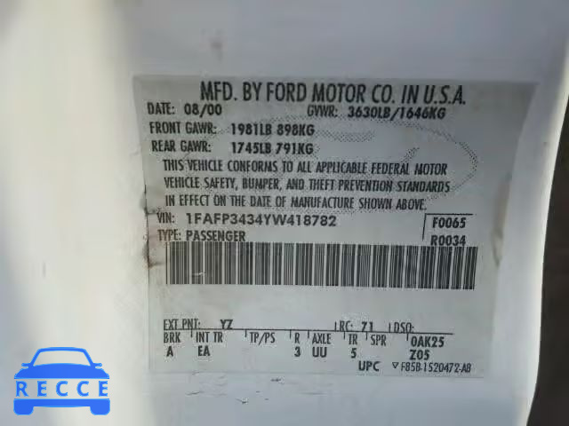 2000 FORD FOCUS SE/S 1FAFP3434YW418782 Bild 9