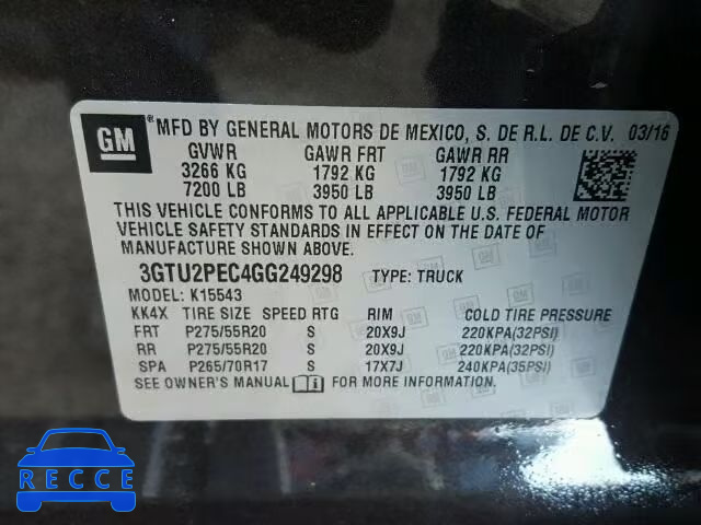 2016 GMC SIERRA K15 3GTU2PEC4GG249298 image 9
