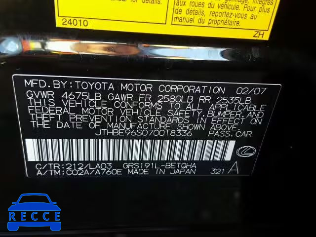 2007 LEXUS GS 350 JTHBE96S070018336 image 9