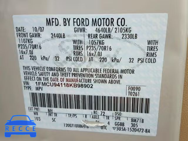 2008 FORD ESCAPE LIM 1FMCU94118KB98902 зображення 9