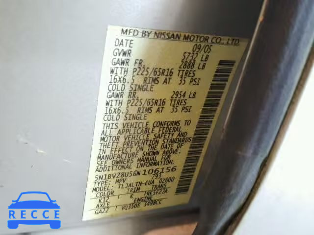 2006 NISSAN QUEST S/SE 5N1BV28U56N106156 зображення 9