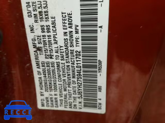 2004 HONDA ELEMENT EX 5J6YH27594L011702 image 9