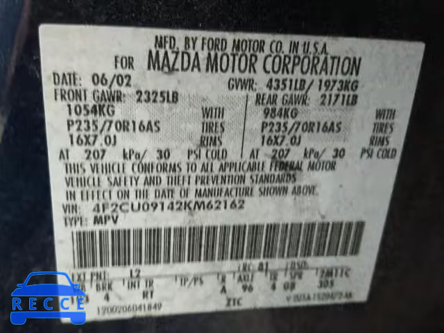 2002 MAZDA TRIBUTE LX 4F2CU09142KM62162 image 9