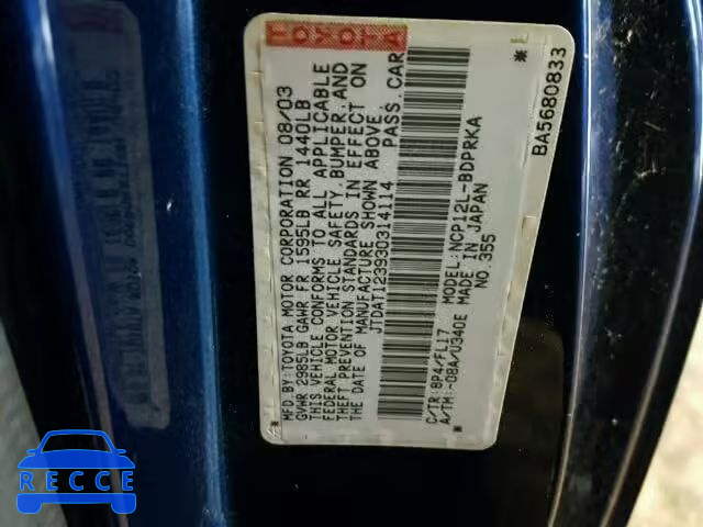 2003 TOYOTA ECHO JTDAT123930314114 image 9