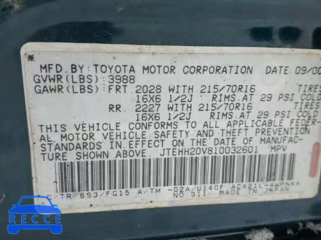 2001 TOYOTA RAV4 JTEHH20V810032601 зображення 9