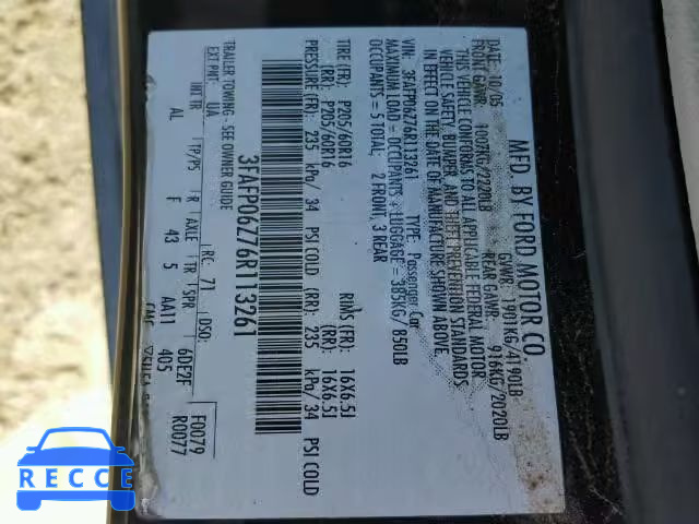 2006 FORD FUSION S 3FAFP06Z76R113261 image 9