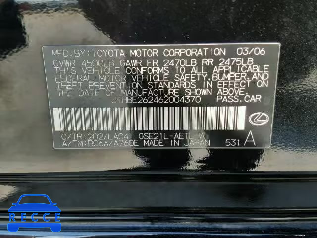 2006 LEXUS IS350 JTHBE262462004370 image 9