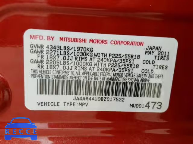 2011 MITSUBISHI OUTLANDER JA4AR4AU9BZ017522 image 9