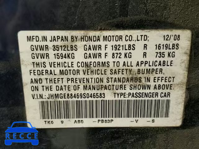 2009 HONDA FIT SPORT JHMGE88469S046583 image 9