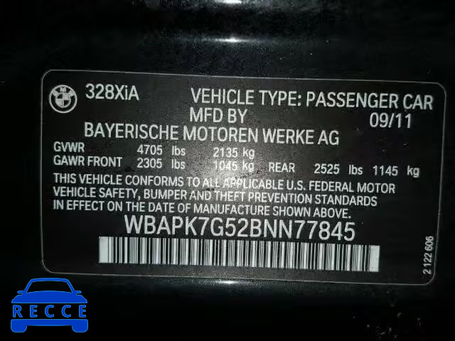 2011 BMW 328XI WBAPK7G52BNN77845 зображення 9