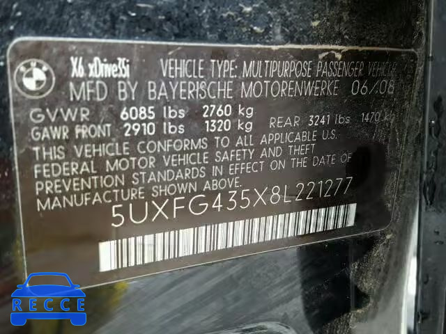 2008 BMW X6 XDRIVE3 5UXFG435X8L221277 image 9