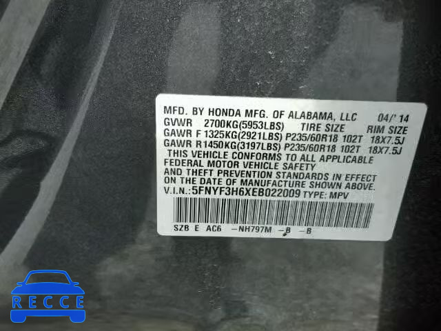 2014 HONDA PILOT EXL 5FNYF3H6XEB022089 image 9