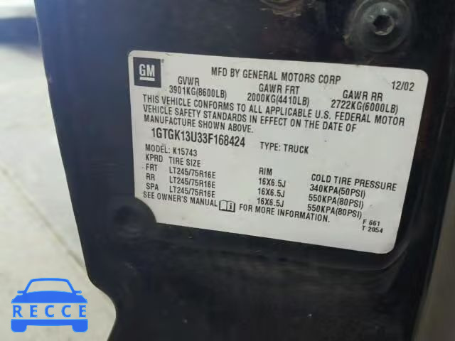 2003 GMC SIERRA K15 1GTGK13U33F168424 image 9