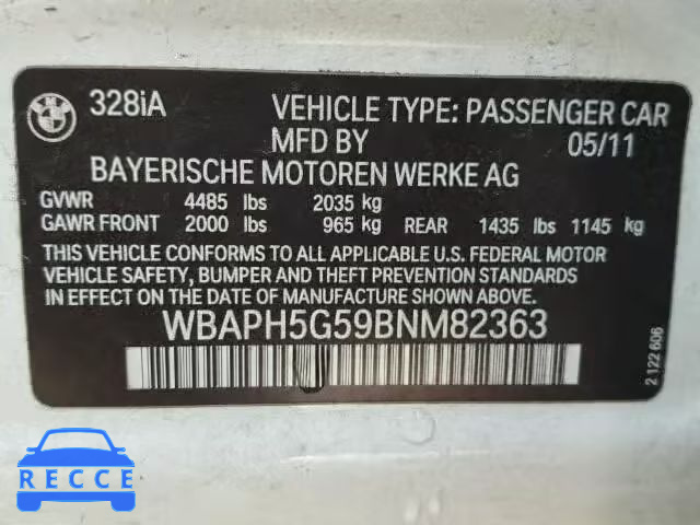 2011 BMW 328I SULEV WBAPH5G59BNM82363 зображення 9