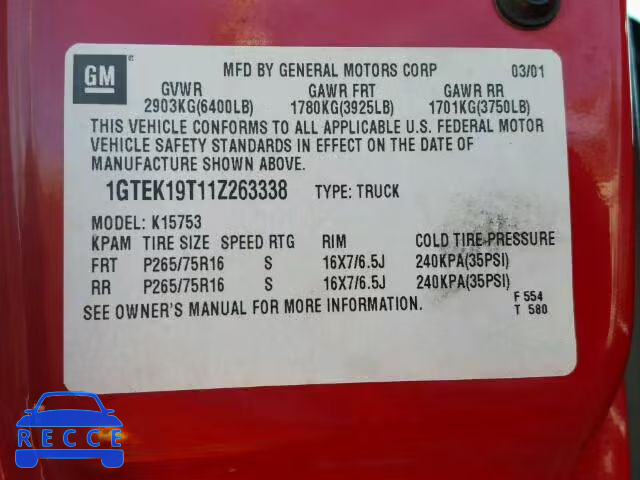 2001 GMC SIERRA K15 1GTEK19T11Z263338 image 9