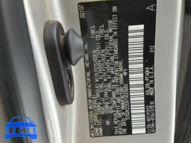 2007 TOYOTA SIENNA XLE 5TDZK22C67S025660 image 9
