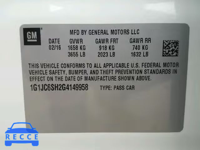 2016 CHEVROLET SONIC LT 1G1JC6SH2G4149958 image 9