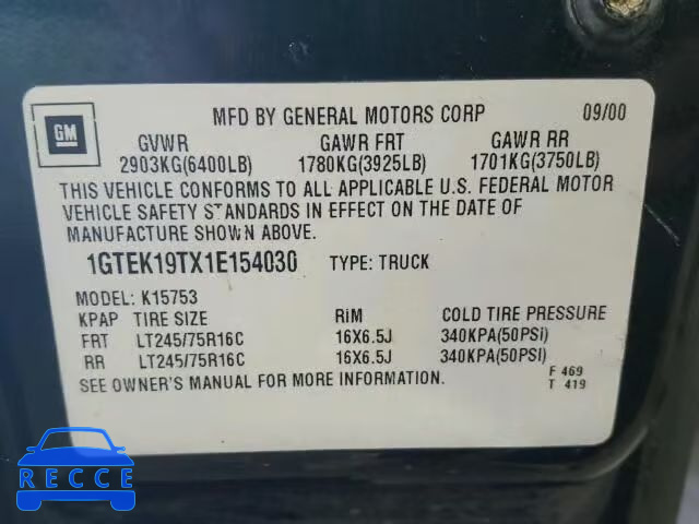 2001 GMC SIERRA K15 1GTEK19TX1E154030 image 9