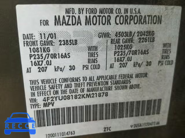 2002 MAZDA TRIBUTE LX 4F2YU08182KM21878 image 9