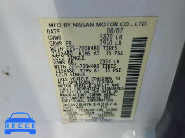 2007 NISSAN QUEST S/SE 5N1BV28U47N142874 зображення 9