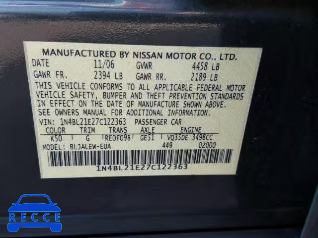 2007 NISSAN ALTIMA 3.5 1N4BL21E27C122363 зображення 9