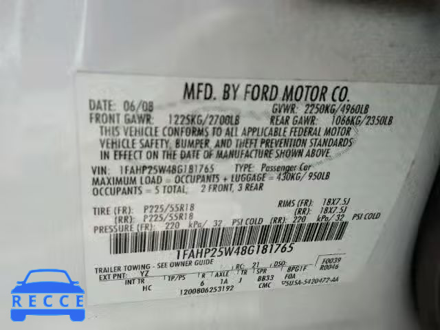 2008 FORD TAURUS LIM 1FAHP25W48G181765 Bild 9