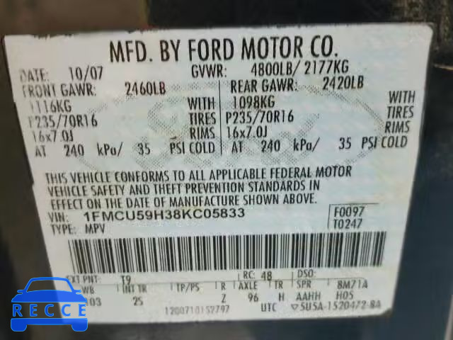 2008 FORD ESCAPE HEV 1FMCU59H38KC05833 зображення 9