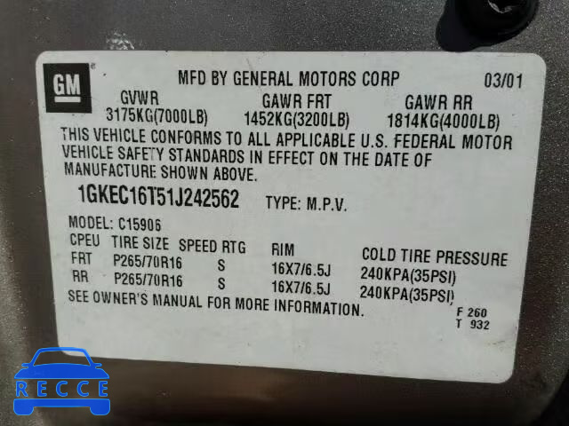 2001 GMC YUKON XL C 1GKEC16T51J242562 image 9