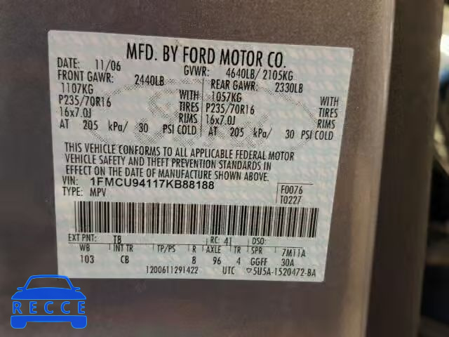 2007 FORD ESCAPE LIM 1FMCU94117KB88188 image 9