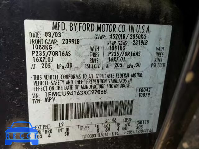 2003 FORD ESCAPE LIM 1FMCU94163KC97868 image 9