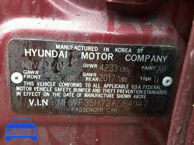 2002 HYUNDAI SONATA KMHWF35H72A584947 зображення 9