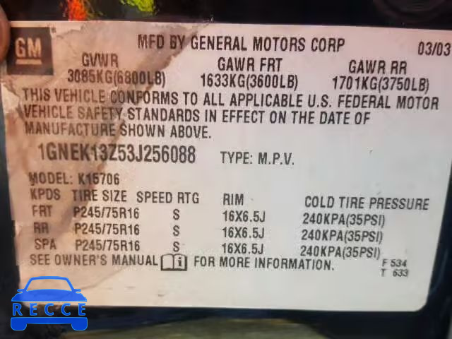 2003 CHEVROLET TAHOE K150 1GNEK13Z53J256088 image 9