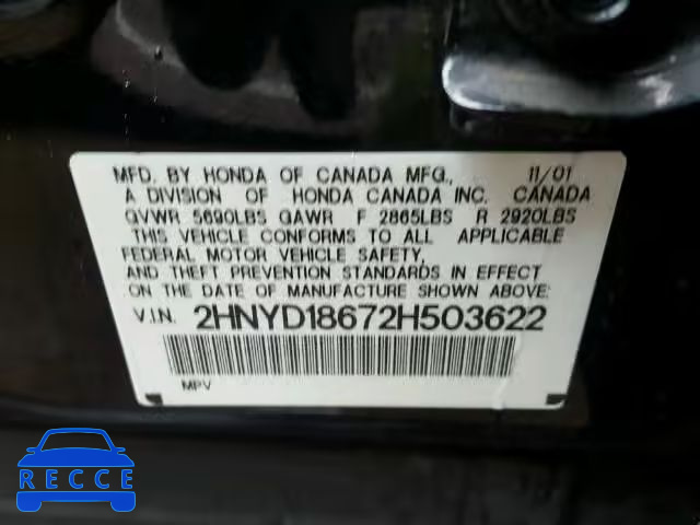 2002 ACURA MDX Touring 2HNYD18672H503622 image 9