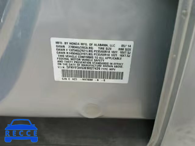 2014 HONDA PILOT EXL 5FNYF3H53EB027429 image 9