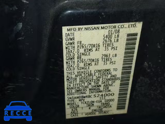 2008 NISSAN XTERRA 4.0 5N1AN08W48C524000 image 9